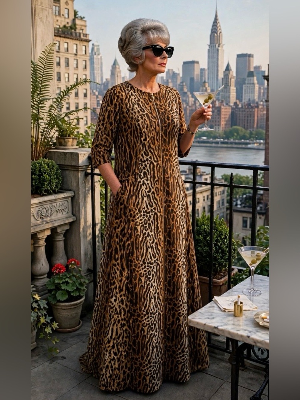 Vintage 1960’s Dela-Ann Creation Leopard Fleece Zip Caftan Housecoat-2 Pockets